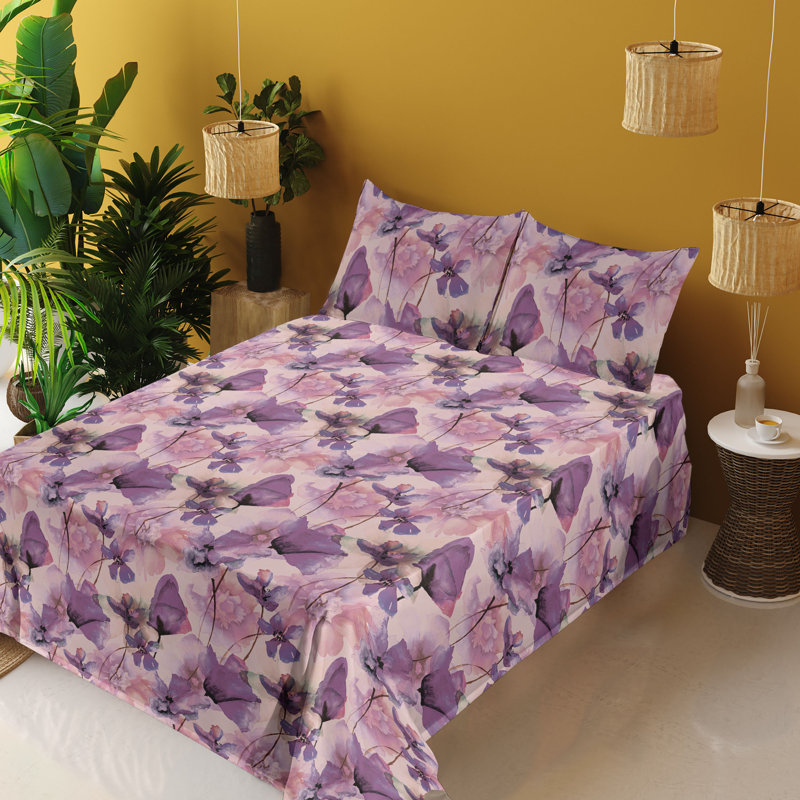Ambesonne Floral Sheet Set Art Wild Poppy Flowers Print Blush Violet and Lilac, King Sheet Set with 2 Pillowcases