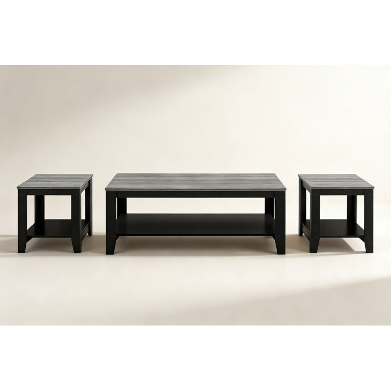 3pcs Table Set, Coffee, End, Side, Accent for Living Room, Black And Grey Laminate