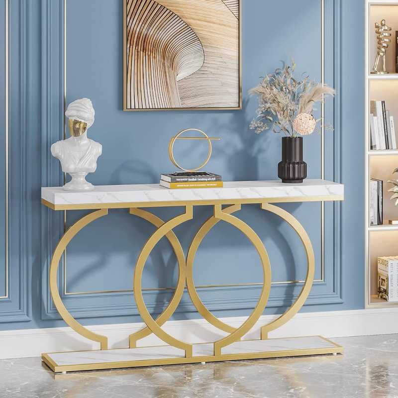 Console moderne 55,11 po en faux marbre et blanc pour canapé d'entrée