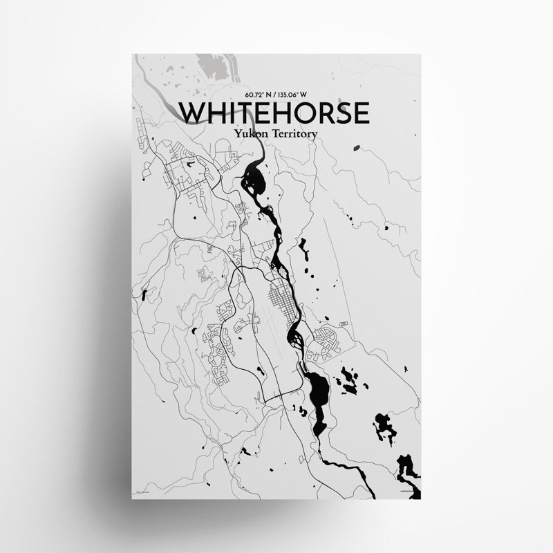 «Whitehorse City Map», impression, H 17 po x l 11 po, Noir et blanc