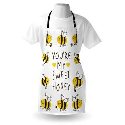 East Urban Home Cartoon Apron Unisex Love Text and Happy Bees Adult Size Yellow Dark Brown
