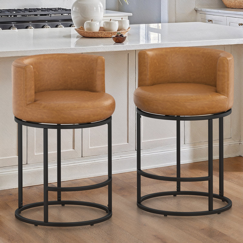 26"Sculptural Swivel Counter Stool Modern Barrel-Back With Cylindrical Metal Frame And Full-Round Seat, Whiskey Brown