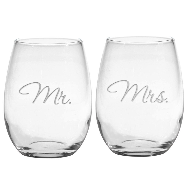 Culver Lilienthal Deep Etched Mr. & Mrs. 15 oz. Stemless Wine Glass (Set of  2) | Wayfair