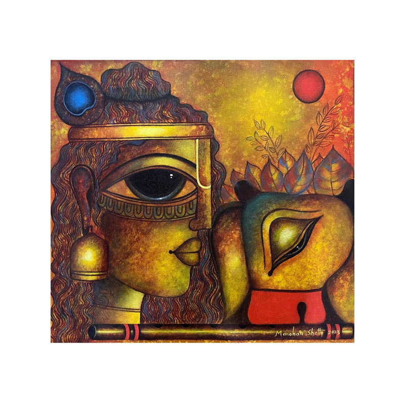 Lord Krishna avec vache | Acrylique sur toile | Par Manohar Shetty