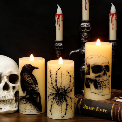 Halloween Flickering Candles With Skull, Spider Web, Crow, Raven Decals, Set Of 3 Flat Wick Battery Operated Halloween Themed LED Candles With Remote Timer Spooky Decor