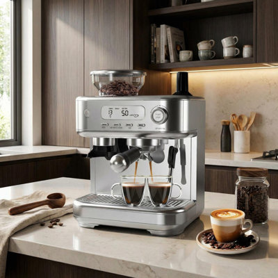 Machine à espresso avec moulin intégré - Cafetière professionnelle à 15 barres et espresso pour cappuccino et café au lait, semi-automatique avec réservoir d'eau amovible de 77 oz
