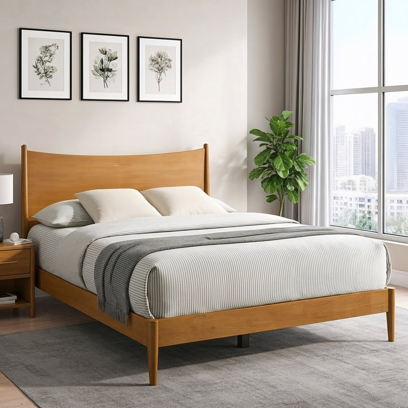 Locke Revalo Mid-Century Solid Wood Queen Platform Bed With Curved Headboard, Orange