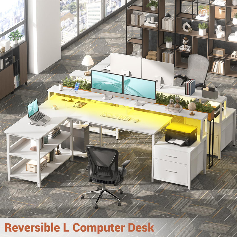 Joinvil L-Shaped Computer Desk  with Drawers and Monitor Shelf, Gaming Desk with RGB LED Lights & USB Ports, Gray