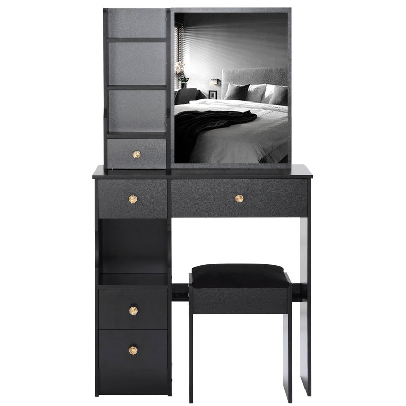 Small Size Left Drawer Desktop Vanity Table + Cushioned Stool, Extra Large Sliding Mirror, Multi Layer, High Capacity Storage Fashionable Dresser, Suitable For Small Space, EPA,GCC,UL Certificate
