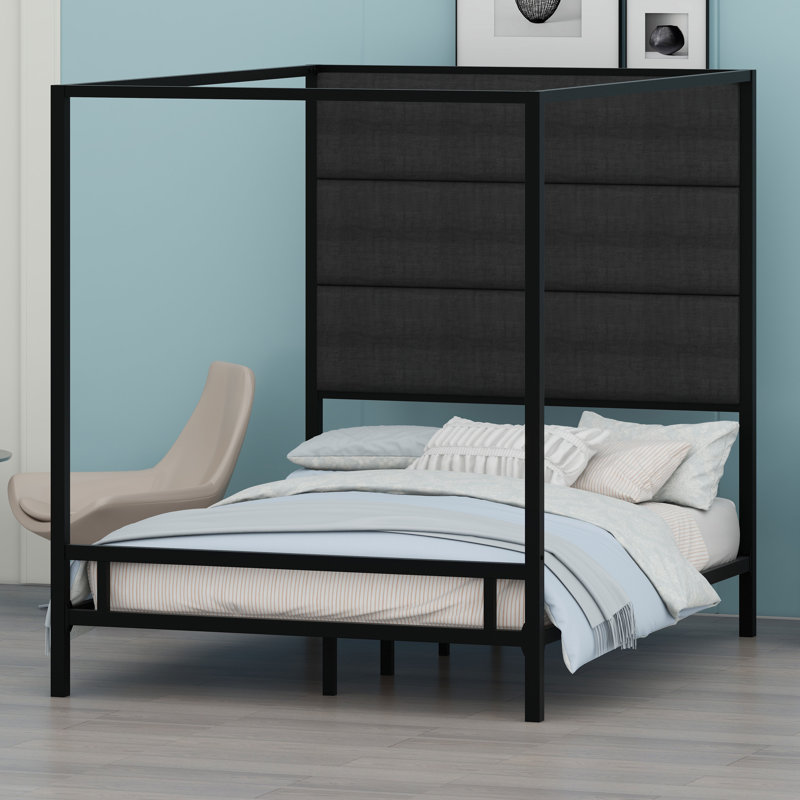 Ensemble de lit à baldaquin moderne en métal avec tête de lit tapissier en lin, Black,Dark Grey