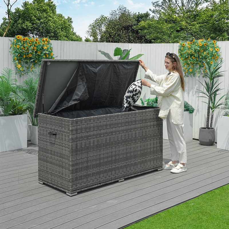 320 Gallon Grey Large All-Weather Wicker Outdoor Storage Deck Box with Aluminum Frame, Waterproof Liner and Dual Gas Lifts