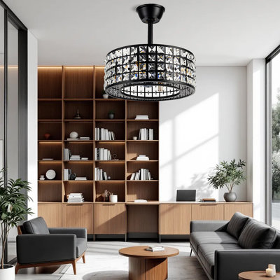 Ventilateur de plafond en cristal à 5 pales 18 "avec lumière | Télécommande, ventilateur de lustre noir à intensité variable pour la chambre à coucher, la salle à manger et le salon (base E14)