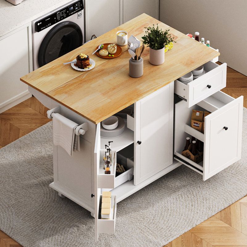 Îlot de cuisine avec abattant, chariot de cuisine sur roulettes de 53,9 po de largeur sur roulettes avec support de rangement interne et armoire de rangement coulissante à 3 niveaux, chariot de rangement de cuisine, îlot de cuisine