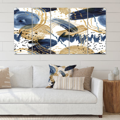 Motif abstrait avec textures bleu foncé et or - ensemble de 5 reproductions d'art sur toile tendue