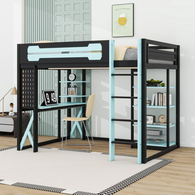 Lit mezzanine double en bois avec bureau intégré, éclairage RVB et tablettes de rangement