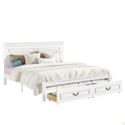 King Size Bed with Tall-Panel Headboard & Footboard, 2 Storage Drawers, Built-in LED Lights, USB Charging Station, Pinewood Bed with Strengthened Bed Frame ,White