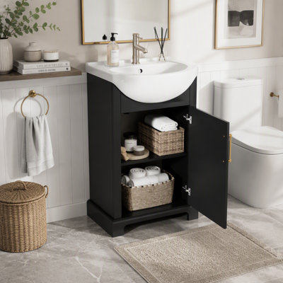 20-inch Bathroom Vanity with Ceramic Sink, Freestanding Single Vanity Set with Soft Closing Door, Bulged Ceramic Basin, French Style, Black
