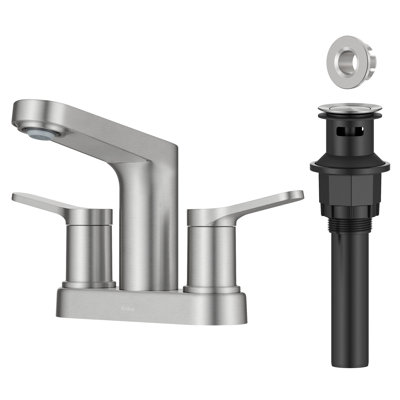 Robinet de salle de bain central KRAUS Indy avec 2 poignées, bonde escamotable et conduites d'alimentation