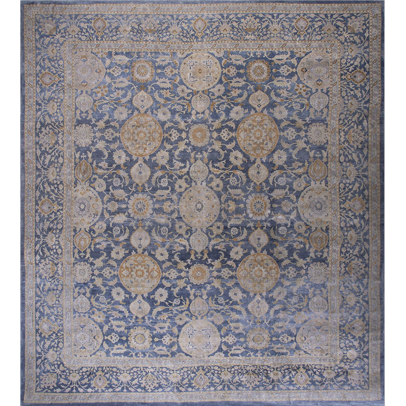 Square Wool 1930s Allover Floral Hand Knotted Pile Large Blue Antique Rug
