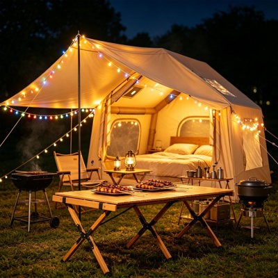 Tente de camping gonflable spacieuse pour 6 personnes avec lanterneau, abri familial à installation rapide avec grand auvent, tente bien ventilée et résistante aux moustiques