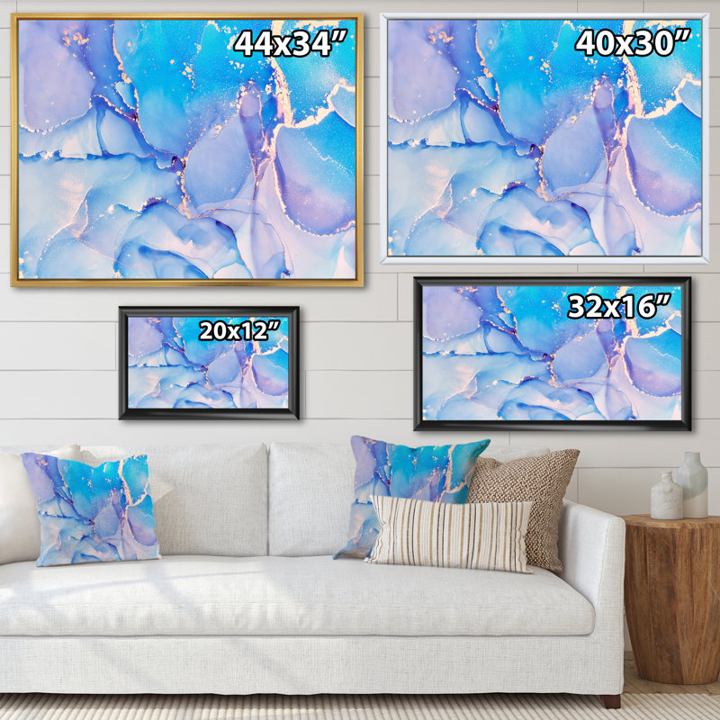 " Light Blue Abstract Liquid Ink Art ", Brown Floater Framed, 34" H x 44" W x 1.5" D