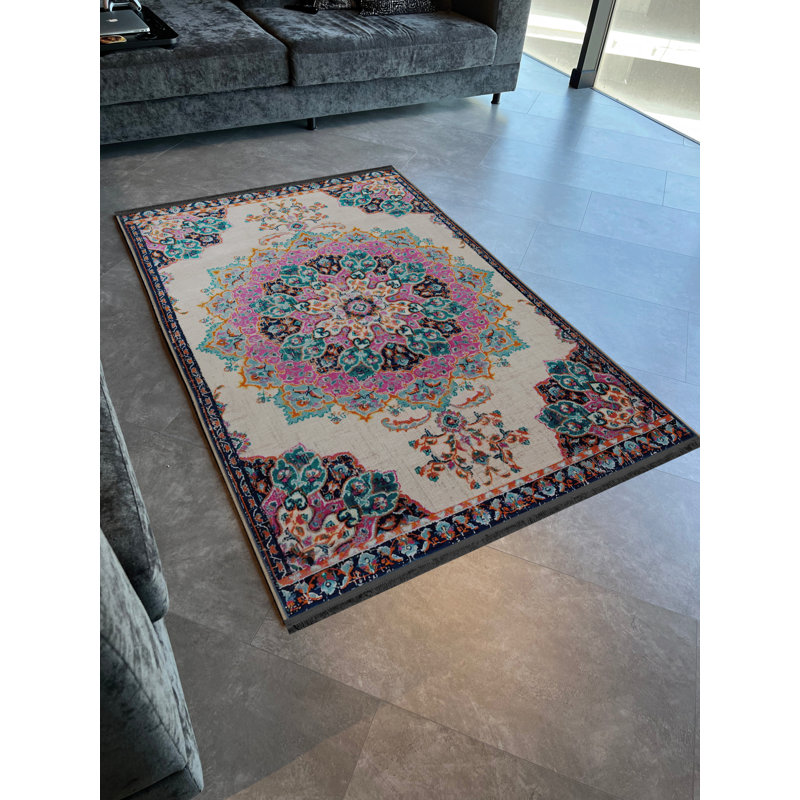 Tapis décoratif rose à motif frangé rose, Rectangle 3 pi 9,81 po x 4 pi 11,06 po