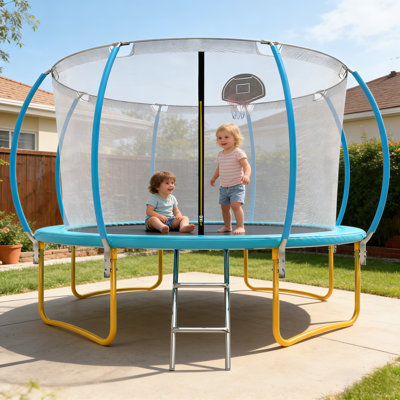 Trampoline 1200 lb 12 pi pour adultes et enfants, trampoline avec enceinte, panier de basketball, trampoline récréatif avec échelle, capacité de trampoline robuste pour 5 à 6 enfants