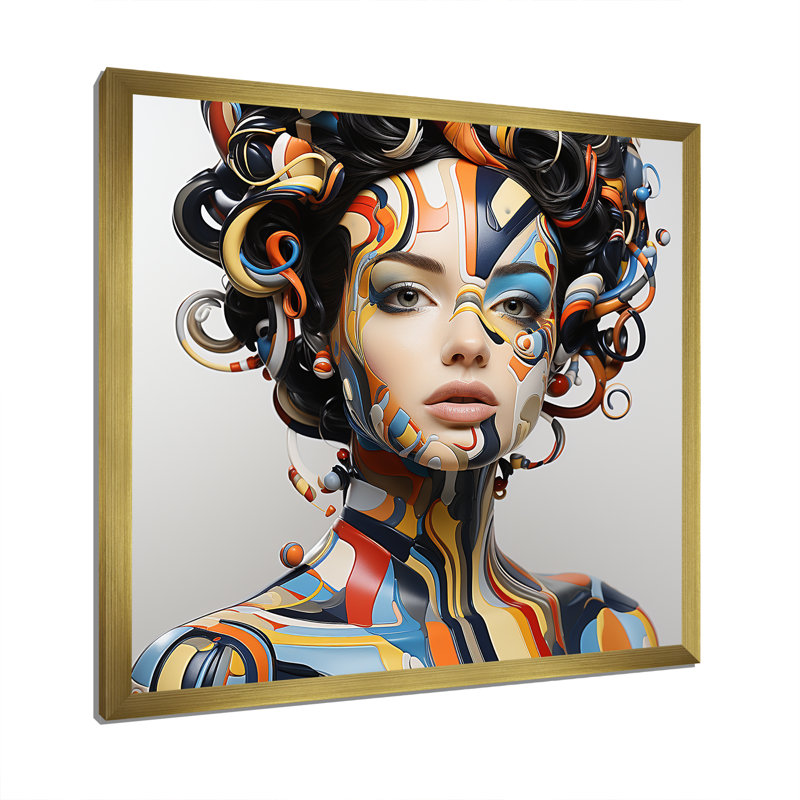 Art numérique sur toile, "Digital Dreams Cybernetic Woman Portrait II", Cadre doré simple, H 30 po x l 30 po x P 1,5 po