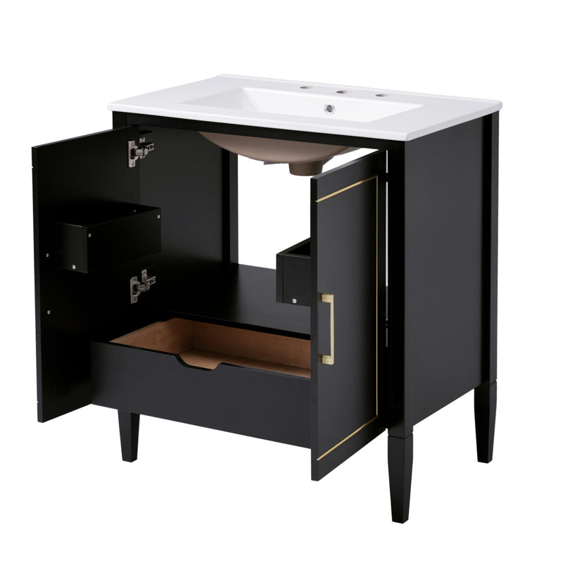 Meuble-lavabo de salle de bain avec lavabo en céramique, porte, tiroir et meuble-lavabo