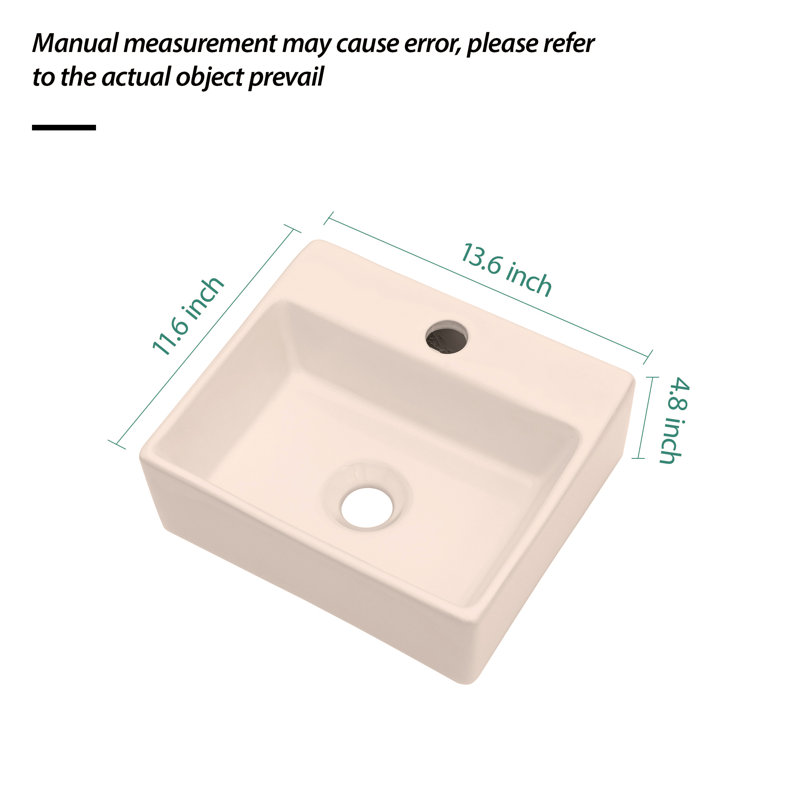13.6x11.6 Inch White Ceramic Rectangle Wall Mount Bathroom Sink with Single Faucet Hole