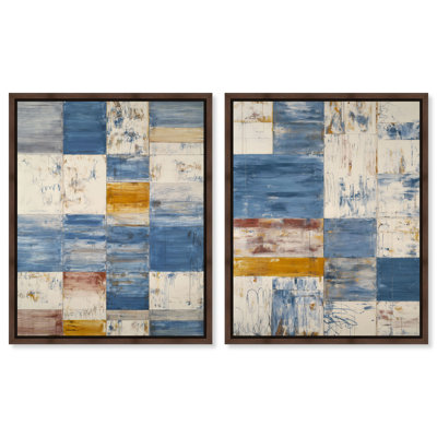 Blue Gridwork Duo Framed Canvas Print Blue Wall Decor Set by Art Remedy, Walnut Frame, 30 x 36