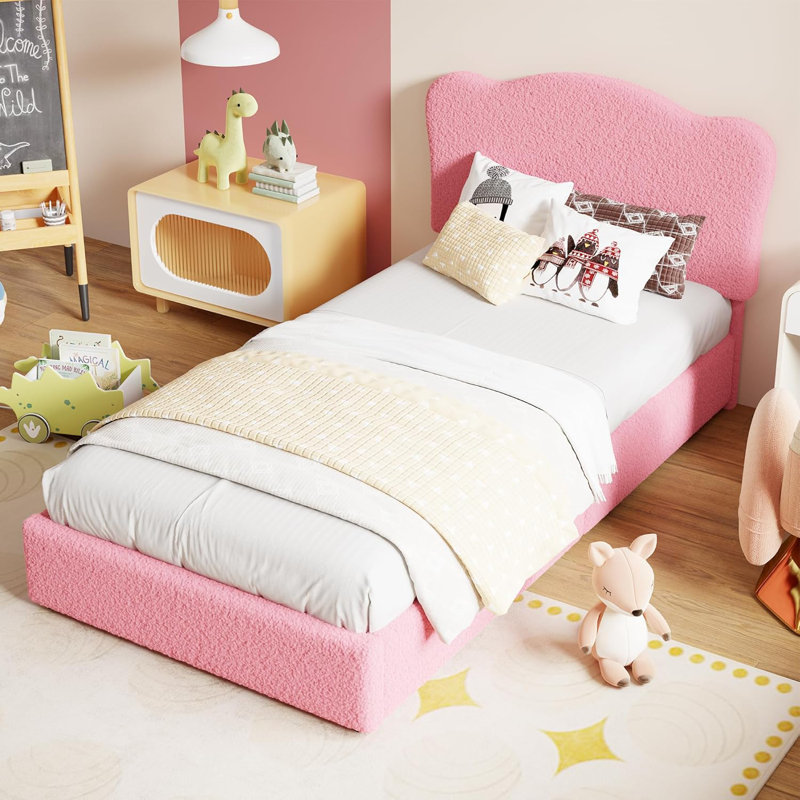 Twin Bed Frame for Kids with 2 Drawers, Velvet Twin Bed for Girls, Boys, Sturdy Platform Bed, No Box Spring Needed, Noise Free, Pink