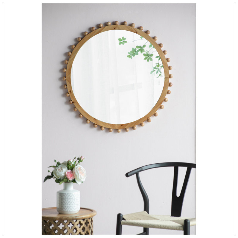 Miroir rond en bois avec cadre perlé, miroir mural circulaire pour le vestibule de la chambre à coucher du salon