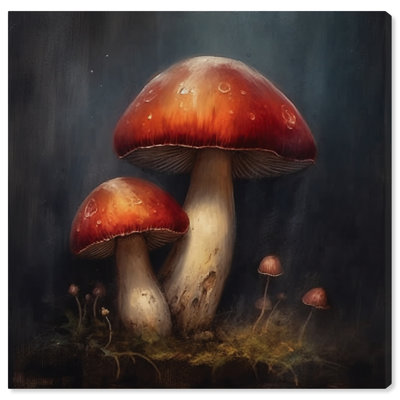 Impression sur toile, "Floral and Botanical Mushroom in the Night", rouge traditionnel