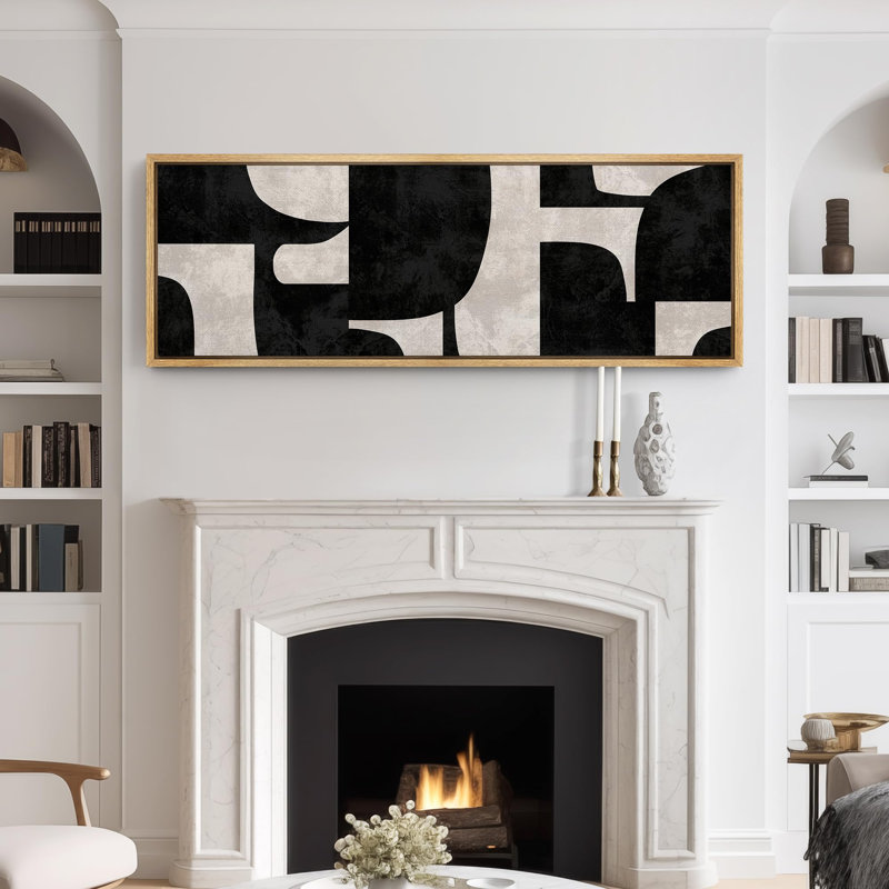 Motif géométrique abstrait géométrique noir et blanc, H 20 po x l 60 po, Naturel
