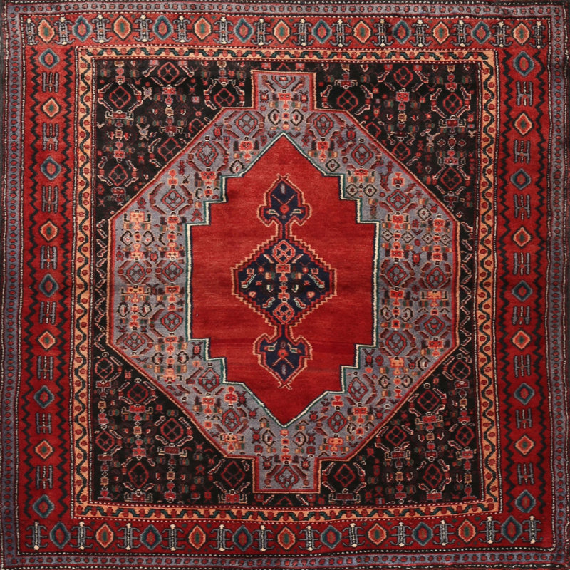 Tapis traditionnel rouge / noir / beige, Rond 8 pi