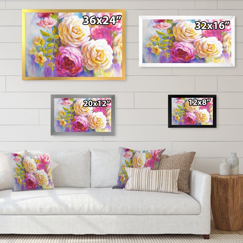 Pivoines et roses Bouquet II - reproduction sur toile, Cadre noir, H 8 po x l 12 po x P 1 po
