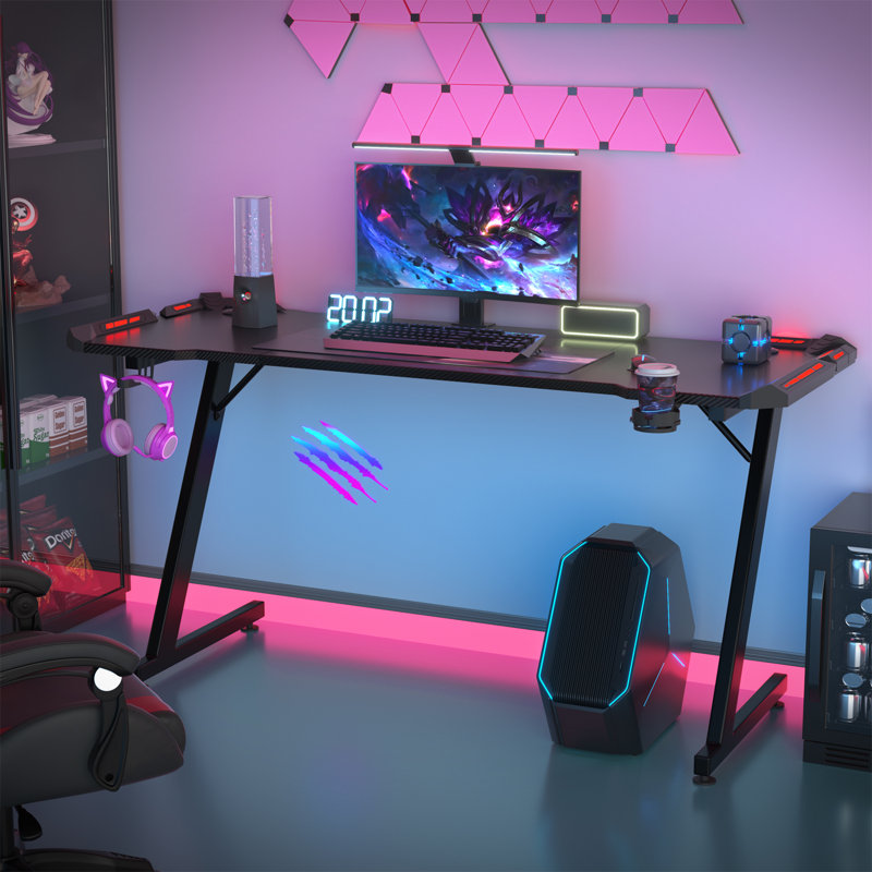 Black Gaming Desk LED Light Computer With Headphone Hook and Cup Holder Home Office Desk, 74.5 cm H x 160 cm W x 60 cm D