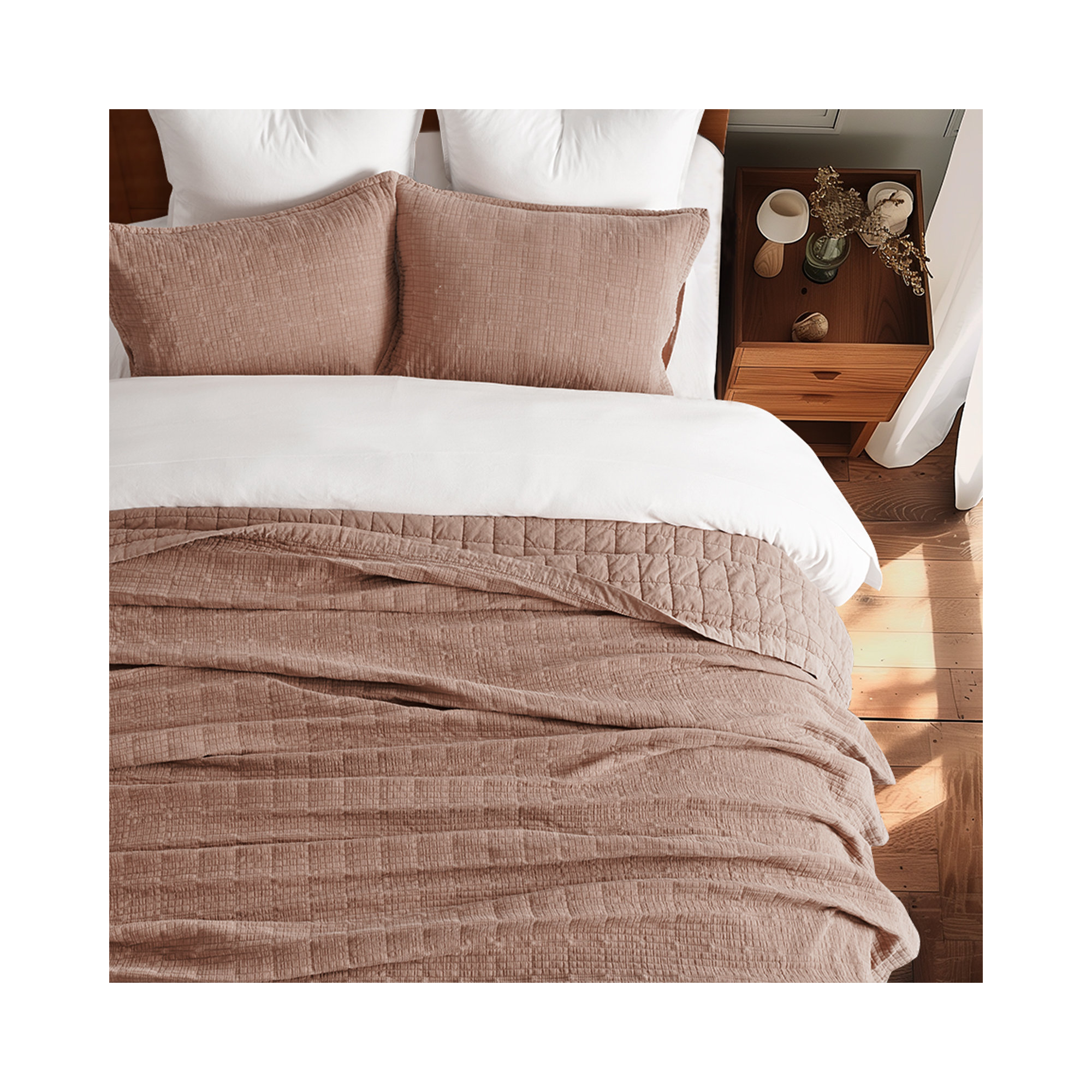 Stonewashed Crinkle Cotton Box Stitch Quilt Set, Queen Quilt + 2 Queen Shams, Terracotta Clay