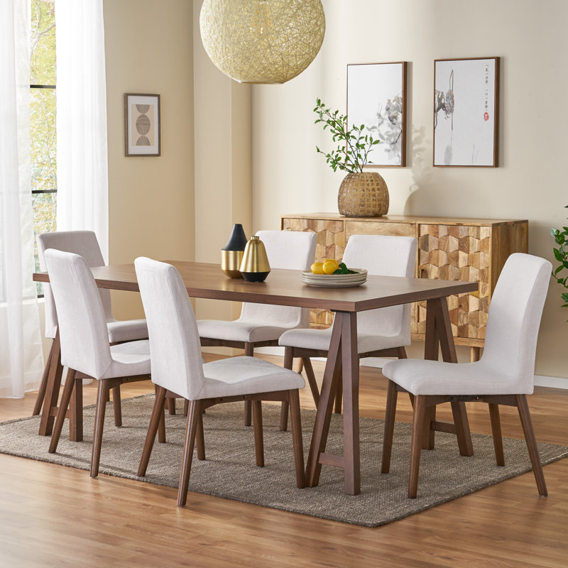 6 - Person Four Leg Dining Set, White/Brown