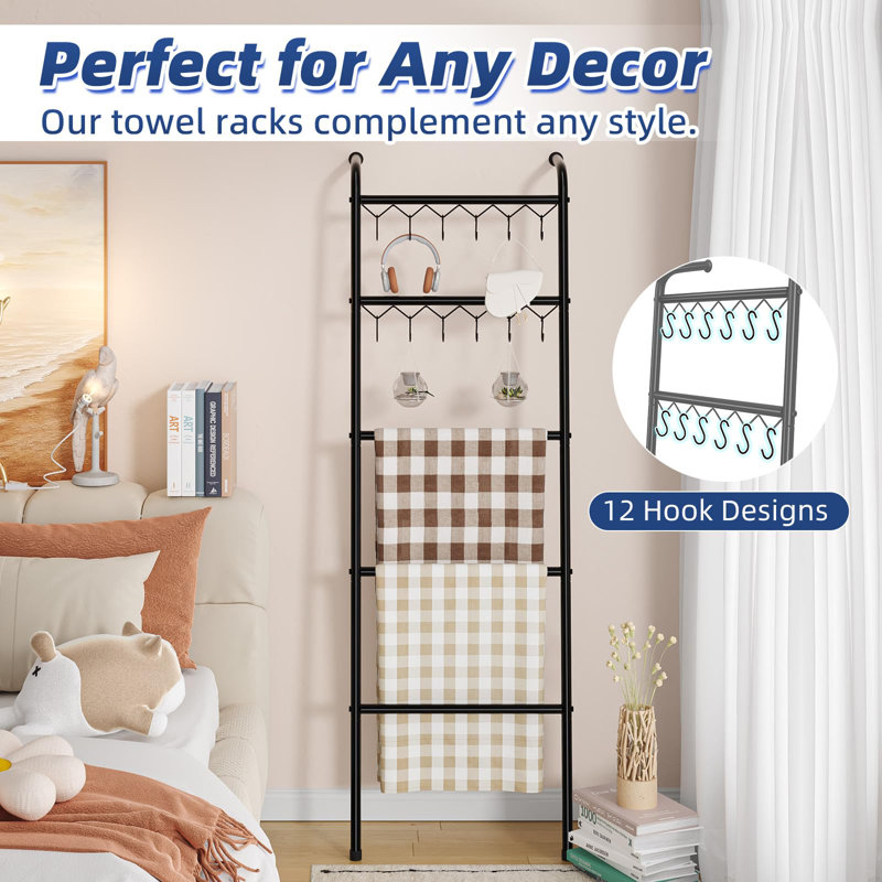 Black Metal 79'' Freestanding 5-Tier Blanket Ladder with Hooks