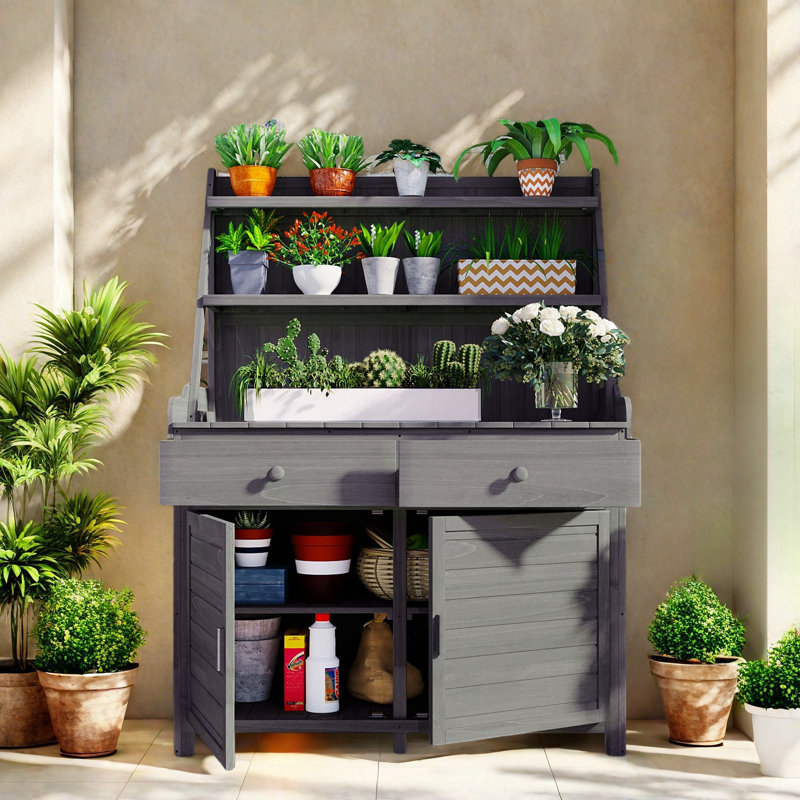 Garden Potting Bench Table With 2 Drawers, 2 Cabinets, And Storage Shelves, Grey
