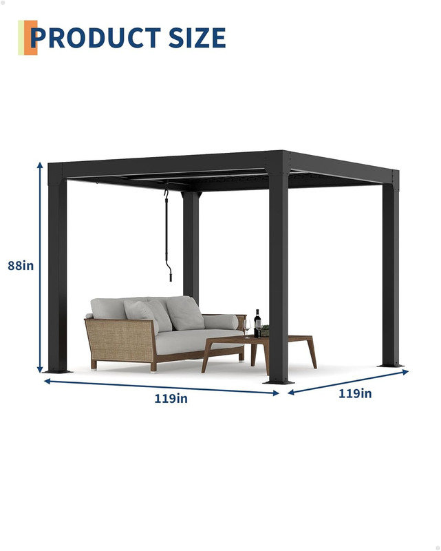 Louvered Pergola with Adjustable Roof, Reinforced Aluminum Frame & Drainage System for Patio, 88" H x 119" W x 119" D