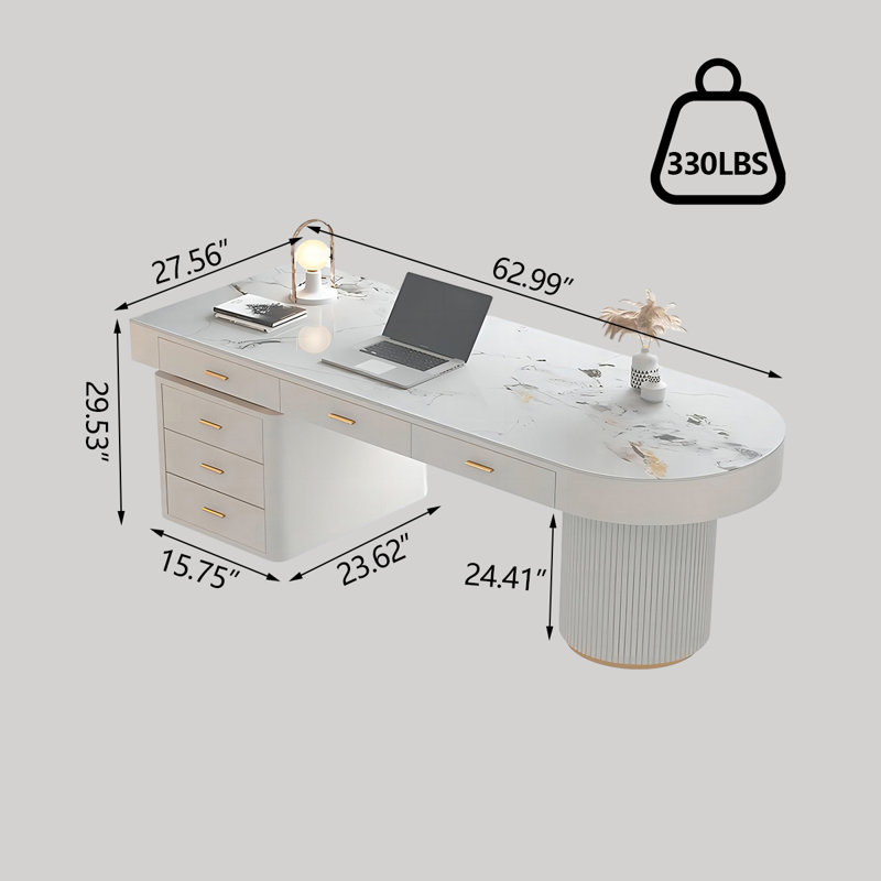 Bureau blanc en demi-cercle fritté en pierre, 5 tiroirs, H 29,53 po x l 62,99 po x P 27,56 po