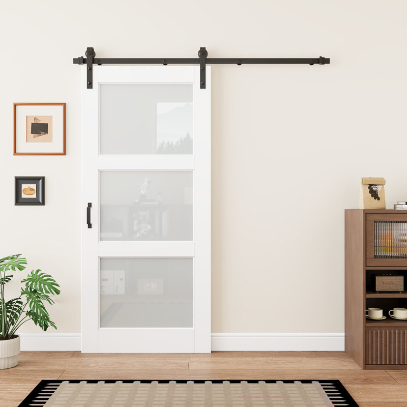 Aucun assemblage requis, porte de grange coulissante en verre givré 3-Lite et portes de garde-robe en bois manufacturé avec fermeture en douceur