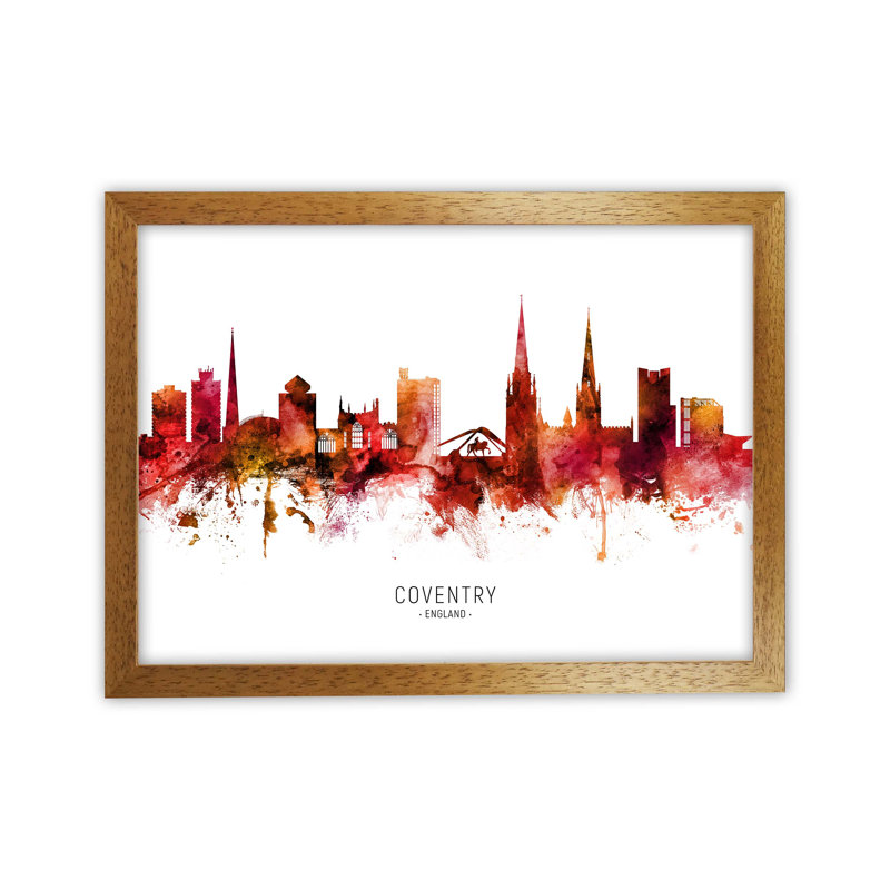Coventry England Skyline Red City Name by Michael Tompsett - Print, Oak Framed, 34cm H x 46cm W x 3cm D