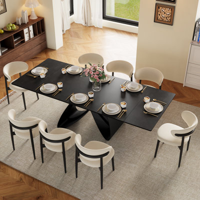 63''-94'' Extendable Marble Dining Table, Rectangular Dining Table with Black Stainless Steel Base