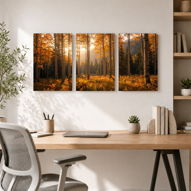 «Golden Aspen Forest at Sunrise», ensemble de 3 toiles murales, 36"H x 24"W x 3pcs