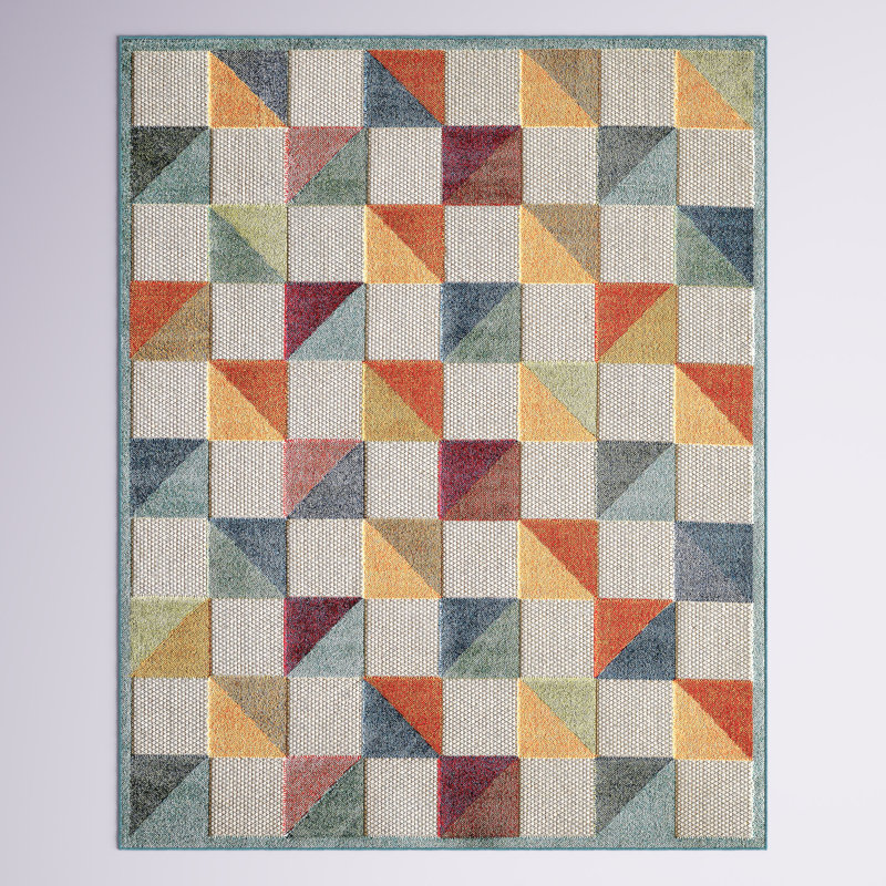 Tapis d'intérieur / extérieur à carreaux Hesselbein, Rectangle 6 pi 7 po x 9 pi, Ivoire / multicolore
