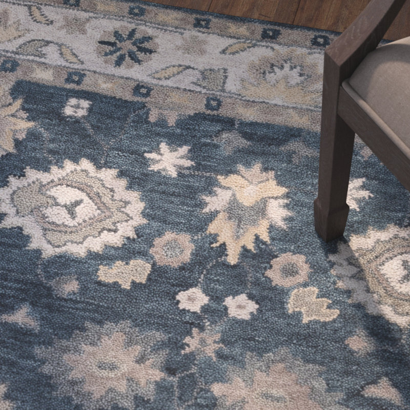 Tapis bleu / beige en laine touffeté à la main Cavendish, Rectangle 5 pi x 8 pi